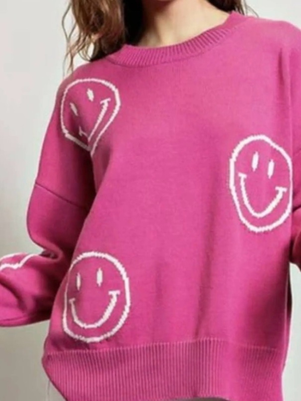 EE:SOME Bright Pink Smiley Face Crewneck Sweater